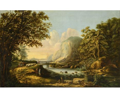             Flusslandschaft spätes 18. Jh.Öl/Leinwand. Unsigniert. 73,5 x 113 cm. Gerahmt : 82,5 x 122 cm (Goldstuckrahmen). 