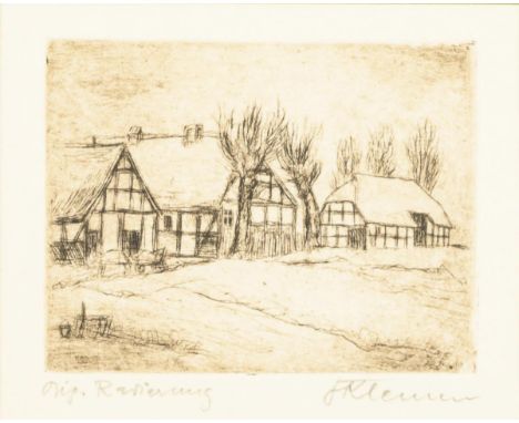                     KLEMM,             Fritz(1902 Mannheim - 1990 Karlsruhe)    Gehöft in WinterlandschaftOriginal-Radierung.