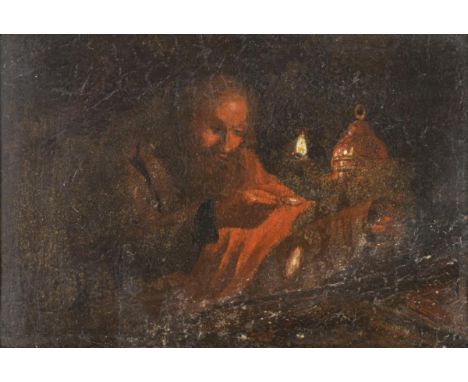             Gelehrter im LampenscheinÖl/Papier/Karton. Unsigniert. Wohl 18. Jh. 12,5 x 18 cm. Gerahmt : 18 x 23 cm (wohl zeit