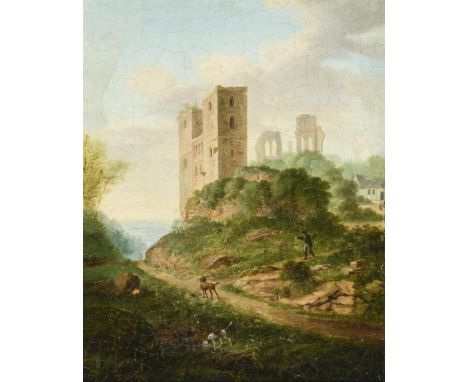             Jagdgemälde mit BurgruineÖl/Papier/Leinwand. Unsigniert. 19. Jh. 30 x 23 cm. Gerahmt : 49 x 43 cm (Goldstuckrahme