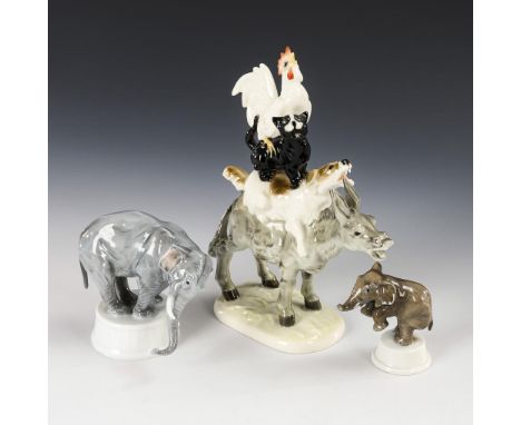 3 Tierfiguren. 20. Jh.             Unterglasurbemalung.             1x HUTSCHENREUTHER, Entwurf von Karl Tutter (1883-1969): 