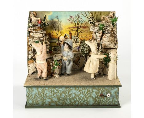 Winterlandschaft-Automat mit Spieluhr. Ungemarkt.Holz und andere Materialien. 27 x 29,5 x 20,5 cm. In der Art von Gottlieb Zi