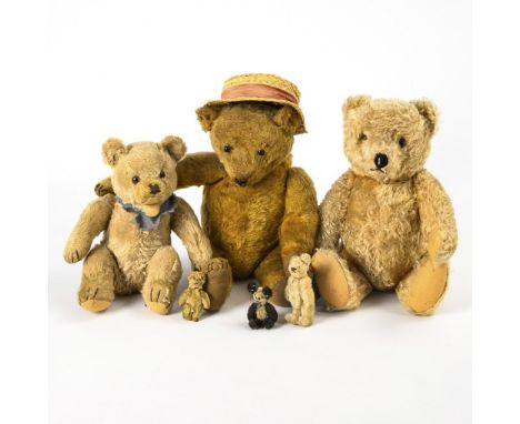 3 abgeliebte Teddys und 3 Miniaturbären mit Blechkörper.                         Steiff und andere Hersteller. Sitzender "Ors