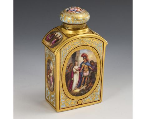 Teedose im Wiener Stil. Imititerte Bindenschildmarke, 2. H. 19. Jh.             Polychrom bemalt, goldstaffiert. H 16 cm.    