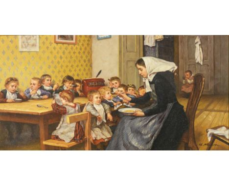  Undeutlich signiert: Im KindergartenÖl/Malkarton. Rechts unten undeutlich signiert. Anfang 20. Jh.20,5 x 40 cm. Gerahmt : 37