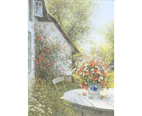                     RAHN,             Detlef(* 1943 Kagel)    Garten mit BlumenstraußÖl/Holz. Rechts unten signiert. 20. Jh. 