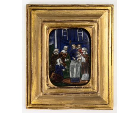 Barocke Emailplakette im Rahmen: Darbringung Jesu im Tempel. 18. Jh.             Polychromes Maleremail, goldgehöht, auf leic