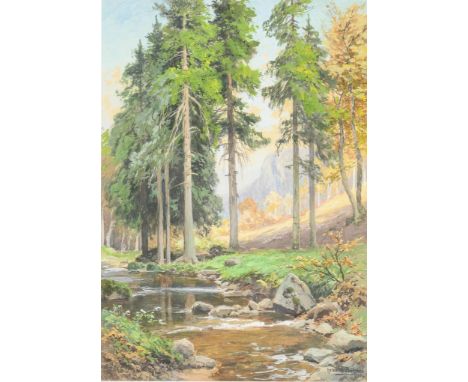                     BÖHMER,             Heinrich(1852 - 1930)    WaldbachGouache. Rechts unten signiert. Passepartoutausschni