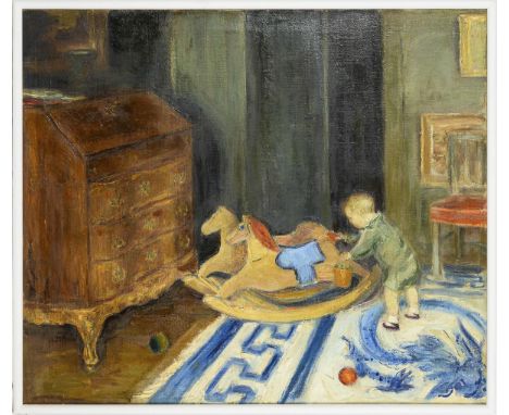             Kinderzimmer mit spielendem JungenÖl/Leinwand. Unsigniert. 20. Jh. 82 x 96 cm. Gerahmt : 85 x 98,5 cm (weißer Rah
