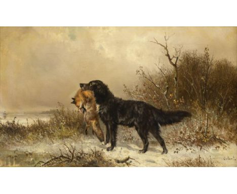                     OCKERT,             Carl Friedrich(1825 Dresden - 1899 München)    Jagdhund mit Fuchs in Winterlandschaft
