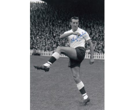 Football Autographed Tony Marchi 12 X 8 Photo black and whiteDepicting The Tottenham Centre-Forward Striking A Superb Full Le