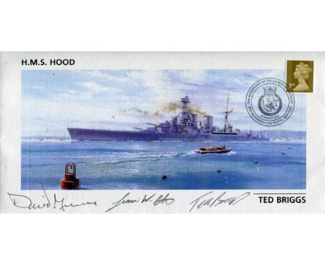 HMS Hood. Cover dedicated to the 85th anniversary of the launching of HMS Hood signed by Ted Briggs, who at the time of signi