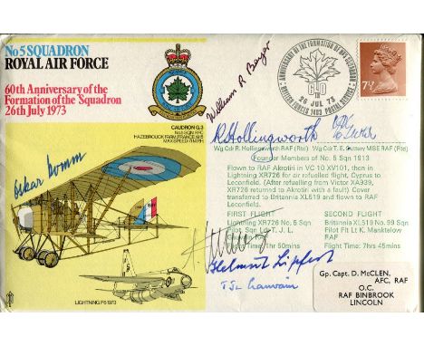 WW2 aces. RAF cover dedicated to and signed by US ace William R Bayer, Luftwaffe aces Helmut Lipfert KC and Oskar Romm KC plu
