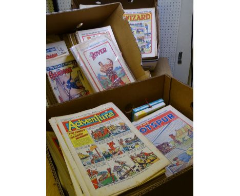 A LARGE COLLECTION OF VINTAGE COMICS in three boxes, titles include - Wizard, Adventure, Hotspur, Champion and Rover 1930s/40