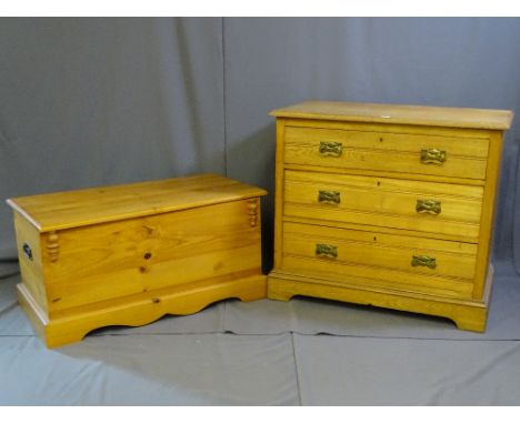 A LIGHT WOOD THREE DRAWER BEDROOM CHEST and similar blanket box