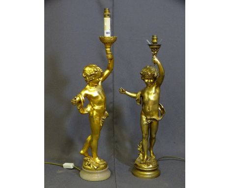 A GILT CHERUB LAMP WITH MARBLE PLINTH along with one other gilt cherub lamp