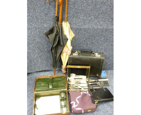 VINTAGE ITEMS including parasols, writing cases, cutlery