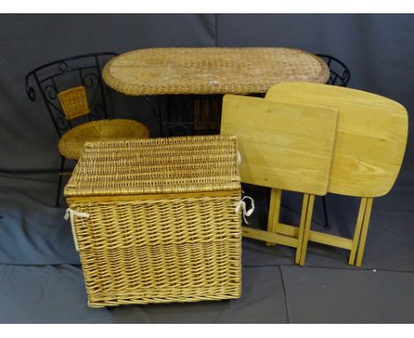 A WICKER WROUGHT IRON TABLE AND TWO CHAIRS, a woven storage basket and two light wood folding tables