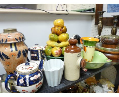 A VICTORIAN POTTERY OIL LAMP BASE, a Myott Art Deco jug, an EP mounted oak biscuit barrel and fruit bowl, a cast iron model o