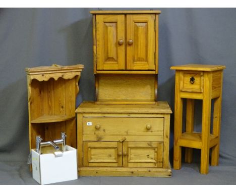 A PARCEL OF PINE ITEMS including single drawer with two base cupboard occasional table, ornate corniced two shelf corner piec