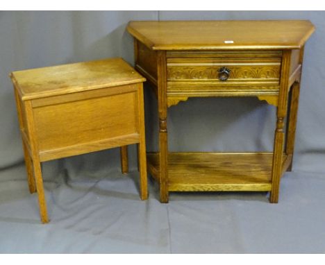 A HALL TABLE WITH SHAPED TOP, single drawer with carving and lower base shelf and a small light oak, possibly sewing box 