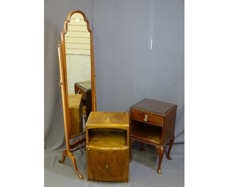 A POLISHED WOOD AND SHAPED CHEVAL MIRROR along with two vintage bedside cabinets