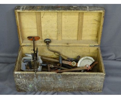 A VINTAGE CAMPHORWOOD BOX with quantity of tools