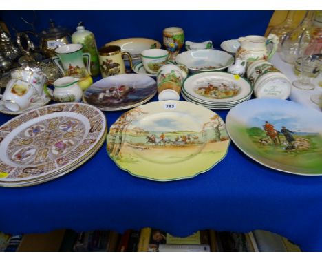 A COLLECTION OF HUNTING SCENE PLATES AND CABINET WARE - a quantity of collector's wall plates, a Grimwades welsh character's 