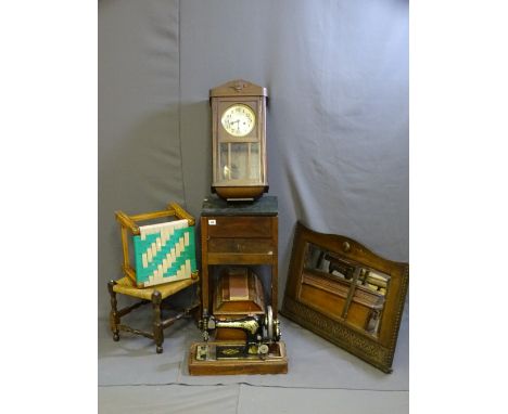 A WOODEN CASED SINGER SEWING MACHINE, polished wood square sewing box, bevel edge over mantle mirror, wall hanging pendulum c