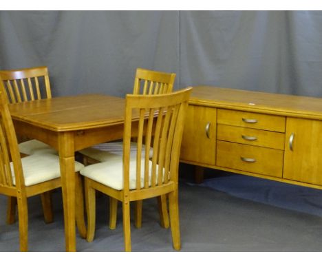 A MODERN LIGHT WOOD RECTANGULAR EXTENDING DINING TABLE and four light upholstered chairs and possibly matching sideboard with