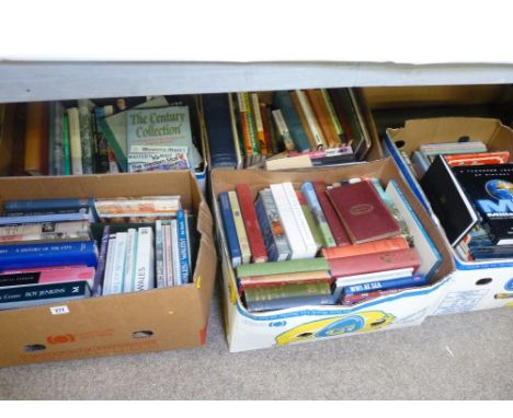 FIVE BOXES OF VINTAGE AND LATER COLLECTOR'S BOOKS with a small quantity of vintage Bartholomew's and other maps, books includ