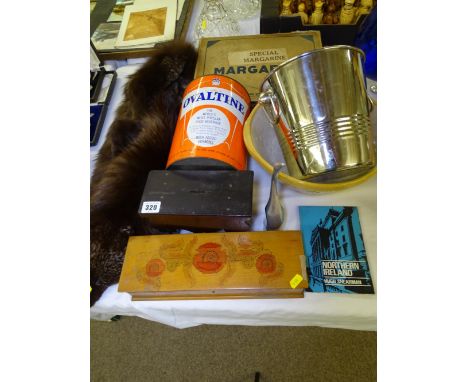 AN ANTIQUE FOX FUR STOLE, an advertising tin for Ovaltine, two vintage wooden boxes, a pottery mixing bowl ETC