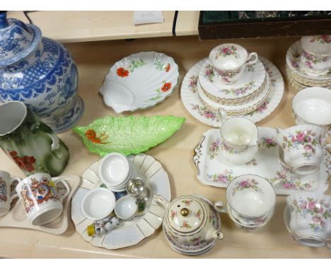 A 34 PIECE ROYAL ALBERT 'MOSS ROSE' TEA SERVICE, a modern blue and white Chinese temple jar and cover along with further item