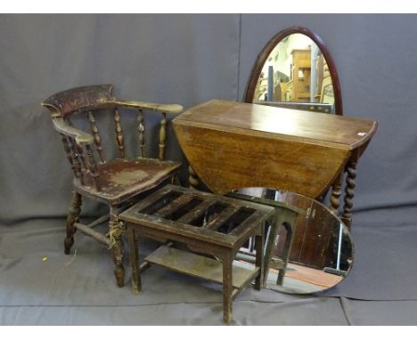 A VINTAGE DROP LEAF GATE LEG BARLEY TWIST TABLE, luggage rack, spindle back tub chair and two oval mirrors