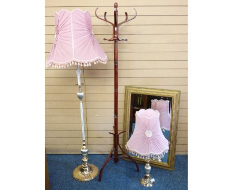 BENTWOOD COAT STAND, framed bevelled edge mirror, modern standard lamp and similar side lamp with matching shades