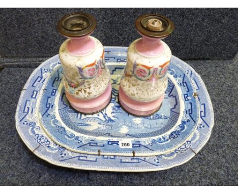 TWO EXCELLENT BLUE AND WHITE DRESSER MEAT PLATTERS and a pair of porcelain and metal lamp bases