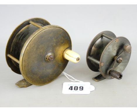 TWO VINTAGE FISHING REELS, one inscribed 'G Farlow and Co Limited, London', all brass with ivory handle, 8.75cms diameter