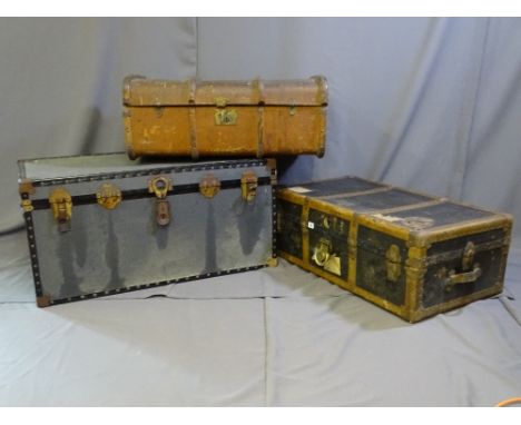 A PARCEL OF THREE VINTAGE BANDED TRAVEL TRUNKS