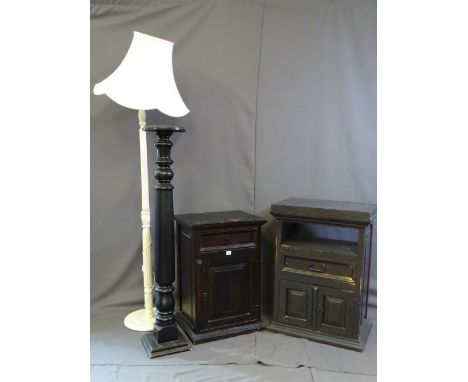 TWO PAINTED PINE SIDE CABINETS white painted standard lamp and an ebonized  planter stand