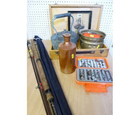 MISCELLANEOUS PARCEL comprising fishing rods, reel and flies, vintage engraving, cufflinks, kettle ETC