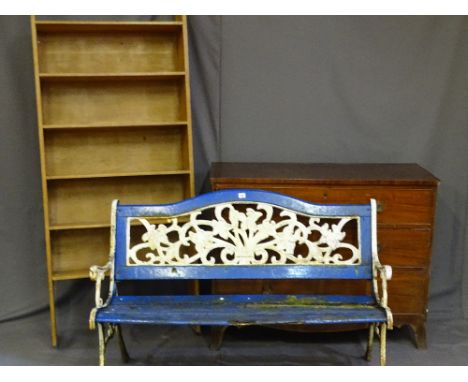 A SLATTED GARDEN BENCH WITH CAST ENDS, 126cms long, vintage open pine bookcase - 77cms width x 188cms high, early 19th Centur