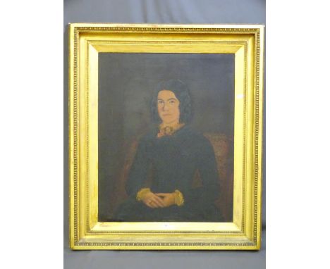 A LATE 19TH/EARLY 20TH CENTURY oil on canvas - portrait (relined) of a young seated lady in a black dress with a Napoleonic d