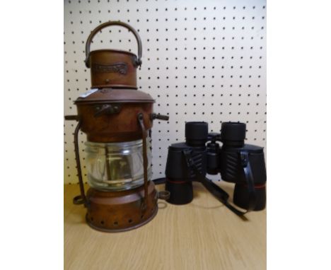 A VINTAGE 'ANCHOR' BRAND COPPER LANTERN and a pair of Vega Two 8 x 40 field binoculars