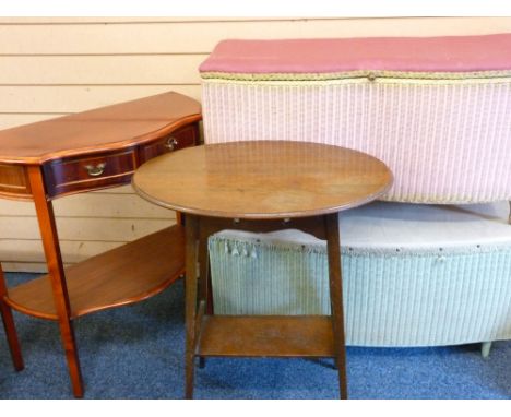 REPRODUCTION  SERPENTINE FRONT HALL TABLE with base shelf and two drawers, oval topped occasional table and two loom ottomans