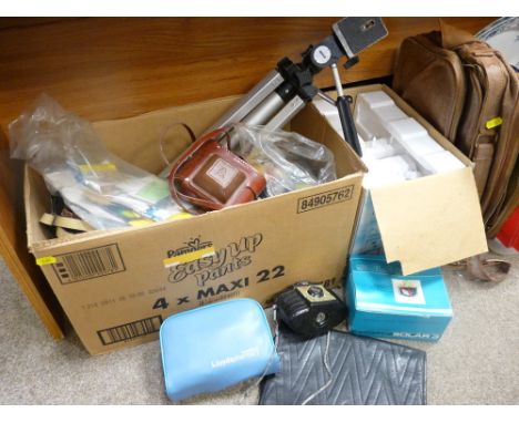 A BOXED SEWLAND OVERLOCK MACHINE with instruction manual, a quantity of vintage cameras and associated equipment and two leat