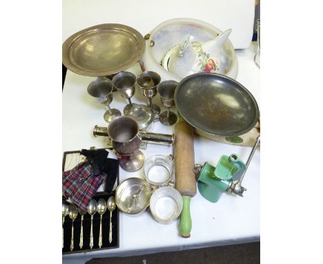 AN INTERESTING PARCEL OF ITEMS including electroplate goblets,  Art Deco style coffee cans and filter, a case of Apostle spoo