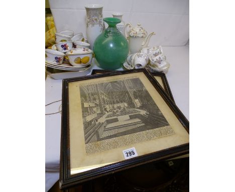 A ROMAN STYLE GLASS VASE, china and pottery by Paragon, Worcester and Kaiser etc with three framed prints, for bowls and carv