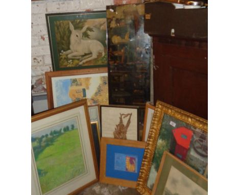 Assorted pictures inc. oleograph of a watermill by E. Thomas