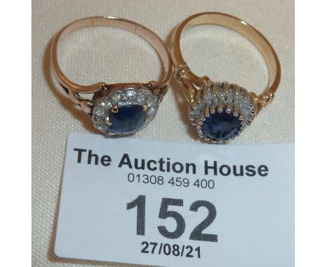 Two diamond and sapphire rings, one 9ct, marked as 375, the other rose gold, unmarked, approx, 6.5g in weight, newer ring app