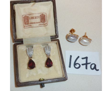 Pearl earrings with screw backs marked as 22k, with another pair, Art Deco style, 9ct in a Liberty case